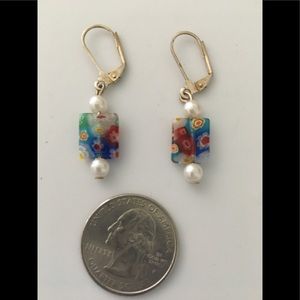 OOAK millefiori and faux pearl earrings‎